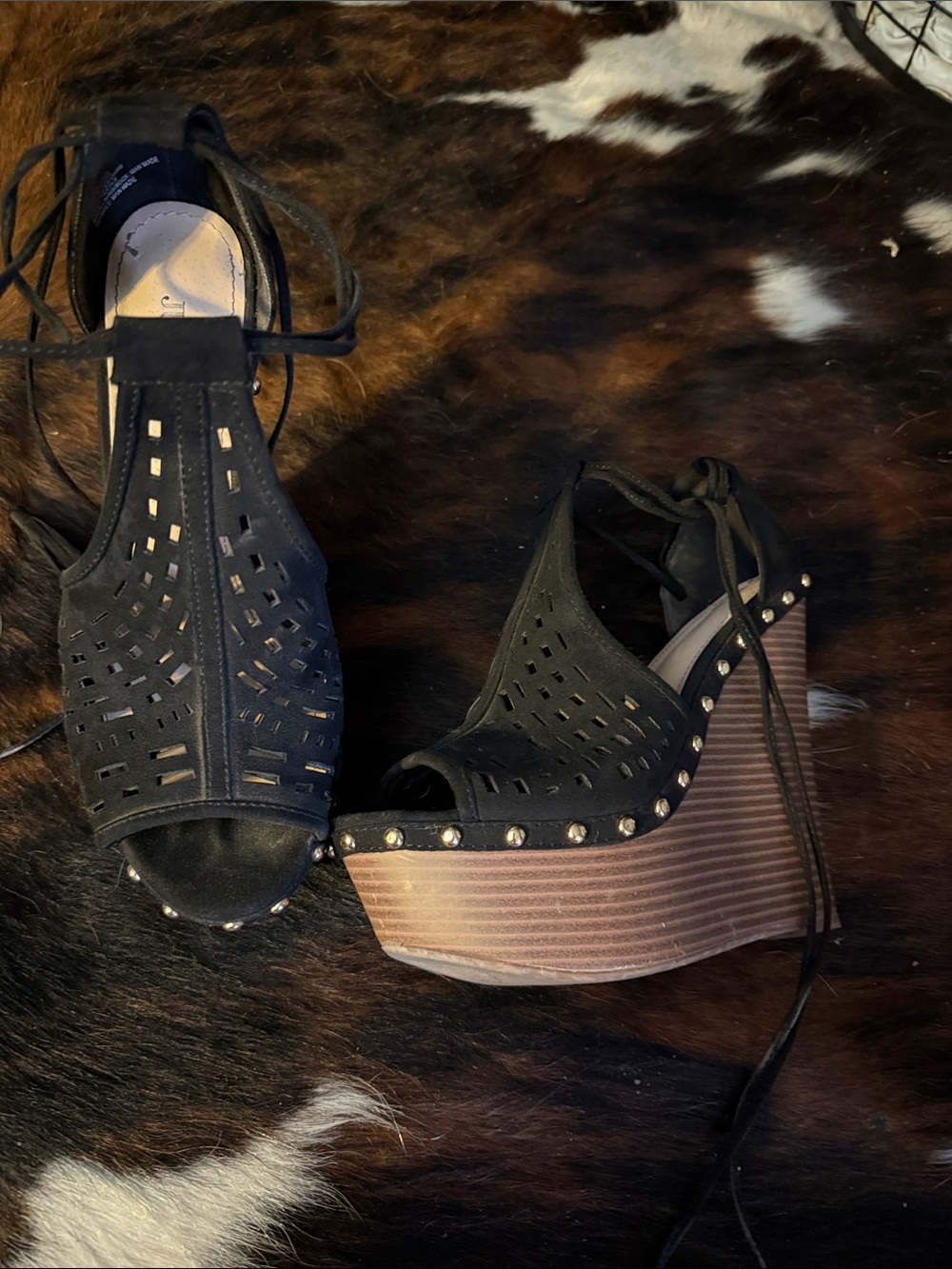 Black Perforated Lace-Up Wedge Sandals